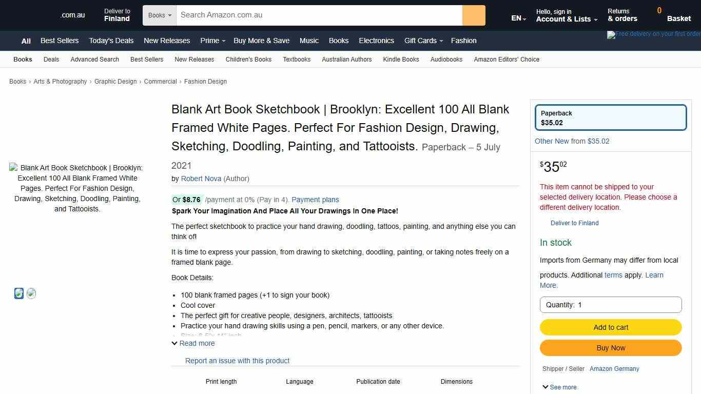 Blank Art Book Sketchbook Brooklyn: Excellent 100 All Blank Framed White Pages. Perfect For Fashion Design, Drawing, Sketching, Doodling, Painting, and Tattooists. - Nova, Robert 9798532198456 Amazon.com.au Books